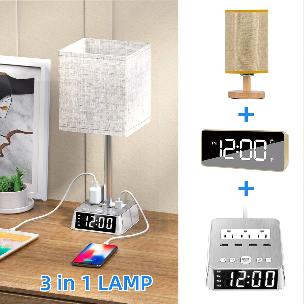 Table Lamp, 4 USB Ports &amp; AC Power Outlets, Alarm Clock
